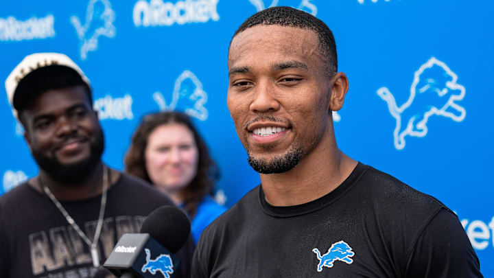 Detroit Lions wide receiver Amon-Ra St. Brown (14) answers a question after practice during training camp at Meijer Performance Center in Allen Park on Saturday, July 26, 2025.