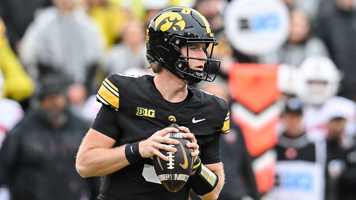 Oct 31, 2026; Iowa City, Iowa, USA;  Iowa Hawkeyes quarterback Hank Brown (9) looks to throw a pass against the Wisconsin Badgers during the first quarter at Kinnick Stadium.  Mandatory Credit: Jeffrey Becker-Imagn Images