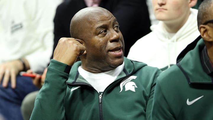Feb 9, 2019; East Lansing, MI, USA; Michigan State Spartans former player Magic Johnson sits in the stands during the first half of a game between the Michigan State Spartans and the Minnesota Golden Gophers at the Breslin Center. Feb 9, 2019; East Lansing, MI, USA; Michigan State Spartans former player Magic Johnson sits in the stands during the first half of a game between the Michigan State Spartans and the Minnesota Golden Gophers at the Breslin Center.