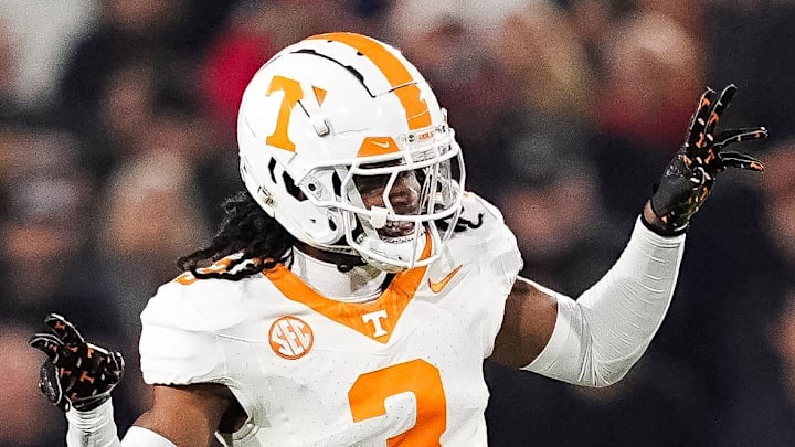 Tennessee defensive back Jermod McCoy (3) celebrates after making a play during a college football game between Tennessee and Georgia at Sanford Stadium in Athens, Ga., on Saturday, November 16, 2024.
