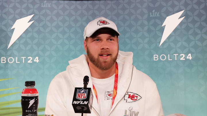 Jan 27, 2020; Miami, FL, USA;  Kansas City Chiefs player Mitchell Schwartz during Super Bowl LIV Opening Night at Marlins Park.  Mandatory Credit: Kirby Lee-Imagn Images