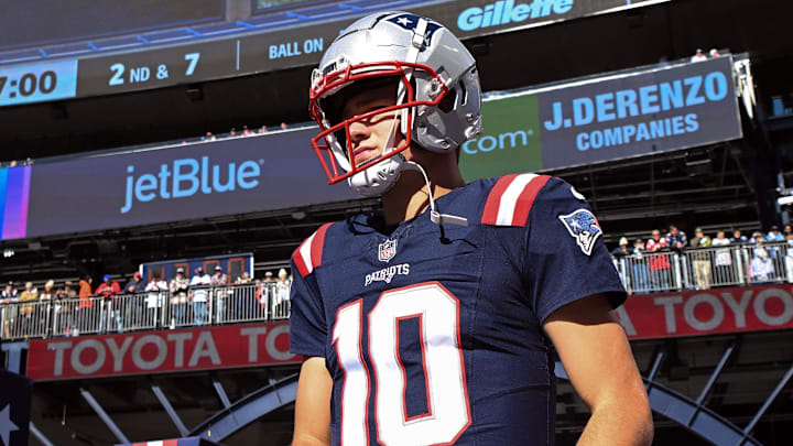 Oct 27, 2024; Foxborough, Massachusetts, USA; New England Patriots quarterback Drake Maye (10) walks onto the field before a game against the New York Jets at Gillette Stadium. Mandatory Credit: Brian Fluharty-Imagn Images