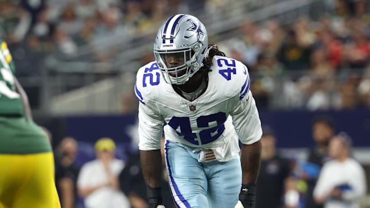 Sep 28, 2025; Arlington, Texas, USA; Dallas Cowboys defensive end Jadeveon Clowney looks on in the second half against the Green Bay Packers at AT&T Stadium. Mandatory Credit: Kevin Jairaj-Imagn Images