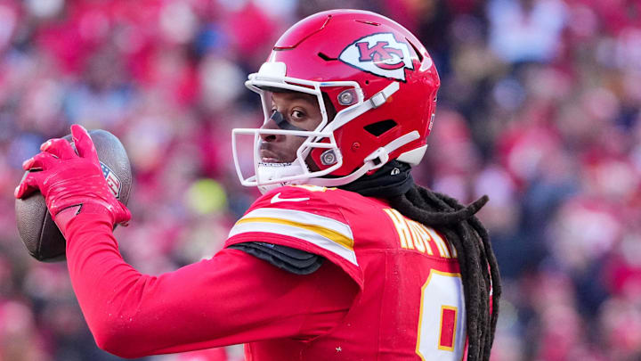 Dec 21, 2024; Kansas City, Missouri, USA; Kansas City Chiefs wide receiver DeAndre Hopkins (8) celebrates after catching a pass against the Houston Texans during the second half at GEHA Field at Arrowhead Stadium. Mandatory Credit: Denny Medley-Imagn Images