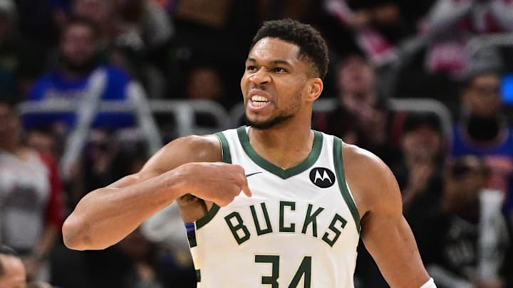 Milwaukee Bucks forward Giannis Antetokounmpo reacts after scoring a basket in the 3rd quarter against the New York Knicks at Fiserv Forum on October 28.
