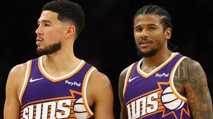 Mar 24, 2026; Phoenix, Arizona, USA; Phoenix Suns guard Devin Booker (1) and guard Jalen Green (4) against the Denver Nuggets at Mortgage Matchup Center. Mandatory Credit: Mark J. Rebilas-Imagn Images Mar 24, 2026; Phoenix, Arizona, USA; Phoenix Suns guard Devin Booker (1) and guard Jalen Green (4) against the Denver Nuggets at Mortgage Matchup Center. Mandatory Credit: Mark J. Rebilas-Imagn Images