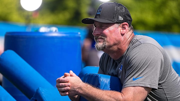 Detroit Lions head coach Dan Campbell looks on after practice during training camp at Meijer Performance Center in Allen Park on Monday, July 21, 2025.