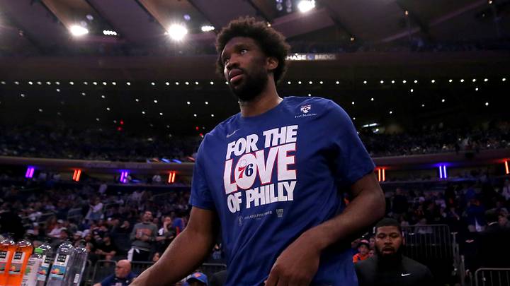 Philadelphia 76ers center Joel Embiid (21) takes the court for game 5 of the first round of the 2024 NBA playoffs against the New York Knicks at Madison Square Garden. 
