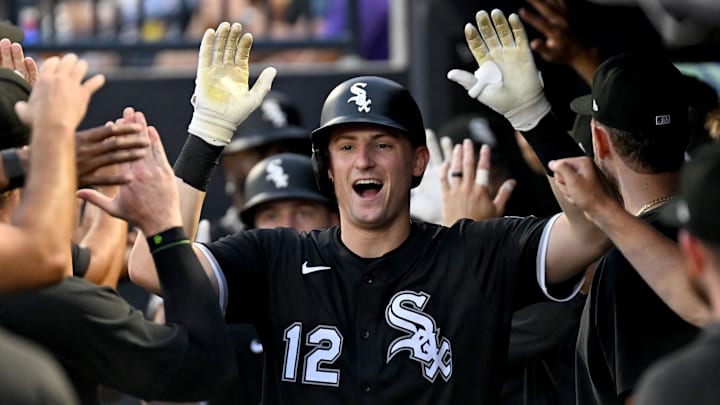 Chicago White Sox shortstop Colson Montgomery (12) celebrates  a three-run home run against the Tampa Bay Rays at George M. Steinbrenner Field. 