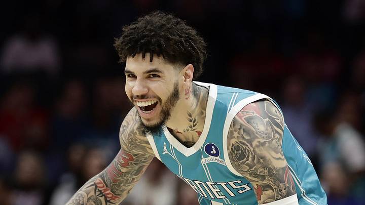 Mar 19, 2026; Charlotte, North Carolina, USA; Charlotte Hornets guard LaMelo Ball (1) smiles as he dribbles the ball during the first quarter against the Orlando Magic at Spectrum Center. Mandatory Credit: Brian Westerholt-Imagn Images
