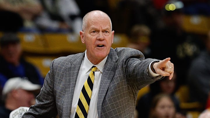 Feb 8, 2025; Boulder, Colorado, USA; Colorado Buffaloes head coach Tad Boyle gestures in the first half against the Houston Cougars at CU Events Center. Mandatory Credit: Isaiah J. Downing-Imagn Images