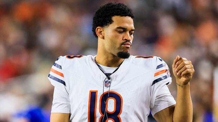 Aug 22, 2026; Cincinnati, Ohio, USA; Chicago Bears quarterback Caleb Williams (18) stands on the sidelines during the second half in the game against the Cincinnati at Paycor Stadium. Mandatory Credit: Katie Stratman-Imagn Images