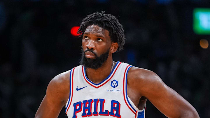 Apr 28, 2026; Boston, Massachusetts, USA; Philadelphia 76ers center Joel Embiid (21) on the court against the Boston Celtics in the second half during game five of the first round of the 2026 NBA Playoffs at TD Garden. Mandatory Credit: David Butler II-Imagn Images