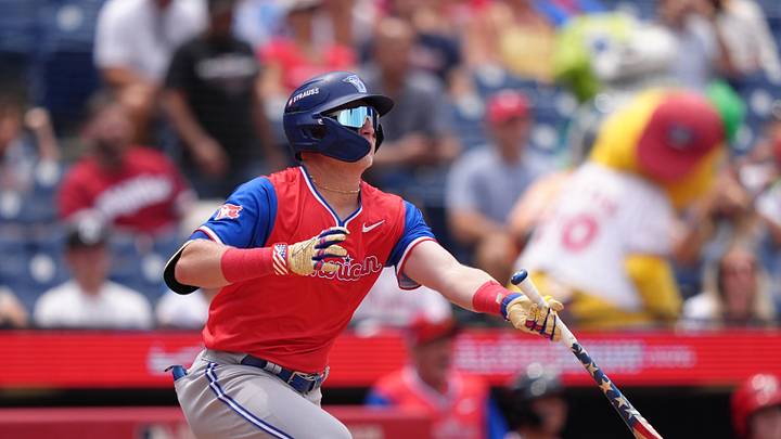 Jul 12, 2026; Philadelphia, PA, USA; American League infielder Jojo Parker (1) hits an RBI double against National League in the seventh inning at Citizens Bank Park. Mandatory Credit: Kyle Ross-Imagn Images