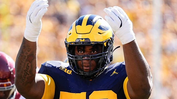 Michigan defensive lineman Kenneth Grant (78) celebrates a tackle against USC during the first half at Michigan Stadium in Ann Arbor on Saturday, Sept. 21, 2024.