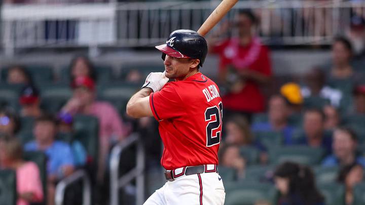 Jun 5, 2026; Atlanta, Georgia, USA; Atlanta Braves first baseman Matt Olson (28) hits a single against the Pittsburgh Pirates in the fifth inning at Truist Park. Mandatory Credit: Brett Davis-Imagn Images
