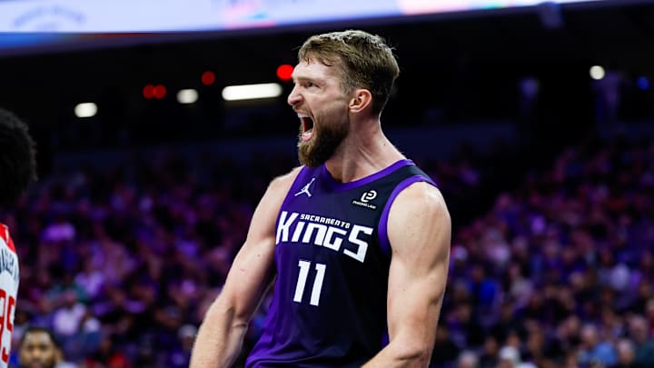 Jan 16, 2026; Sacramento, California, USA; Sacramento Kings forward Domantas Sabonis (11) reacts after a play during the fourth quarter against the Washington Wizards at Golden 1 Center.