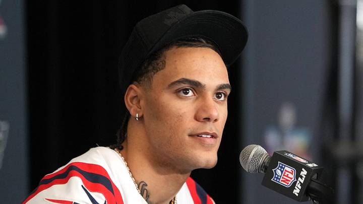 Feb 5, 2026; Santa Clara, CA, USA; New England Patriots cornerback Christian Gonzalez (0) talks to media members at the Santa Clara Marriott. Mandatory Credit: Darren Yamashita-Imagn Images