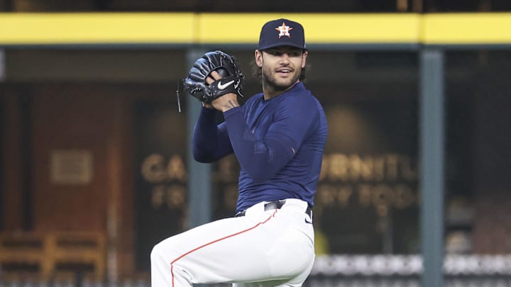 Mar 28, 2024; Houston, Texas, USA; Houston Astros pitcher Lance McCullers Jr. warms up before the game against the New York Yankees at Minute Maid Park.