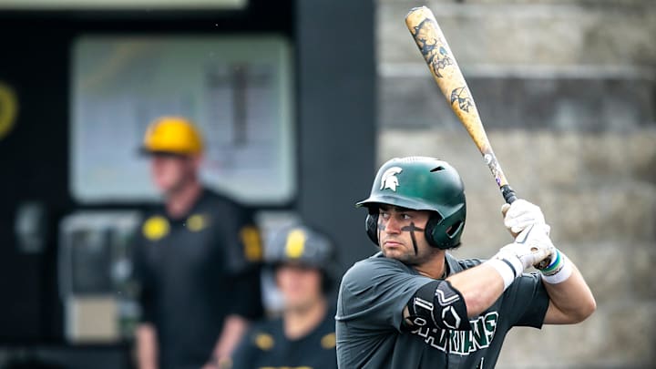Michigan State's Trent Farquhar bats during a Big Ten Conference baseball game against Iowa, Saturday, May 13, 2023, at Duane Banks Field in Iowa City, Iowa.