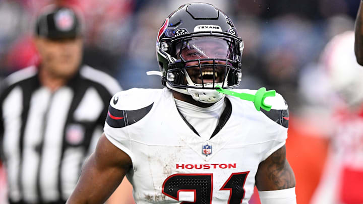 Oct 13, 2024; Foxborough, Massachusetts, USA; Houston Texans running back Dameon Pierce (31) reacts after scoring a touchdown against the New England Patriots during the second half at Gillette Stadium. Mandatory Credit: Brian Fluharty-Imagn Images