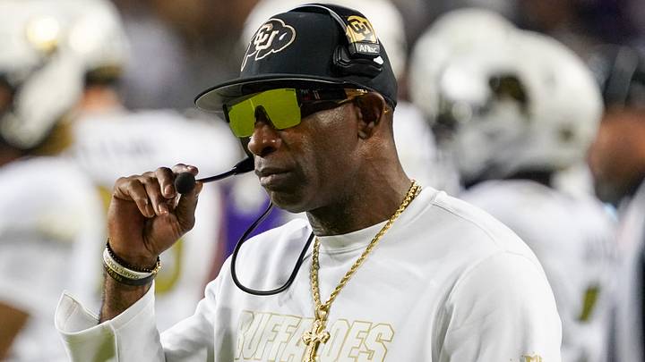 Colorado Buffaloes head coach Deion Sanders on the sidelines during the first half against the TCU Horned Frogs at Amon G. Carter Stadium.