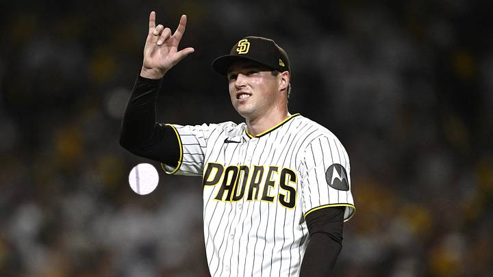 Sep 30, 2026; San Diego, California, USA;  San Diego Padres pitcher Mason Miller (22) reacts after the game against the Chicago Cubs during game two of the Wildcard round for the 2026 MLB Playoffs at Petco Park.  Mandatory Credit: Denis Poroy-Imagn Images