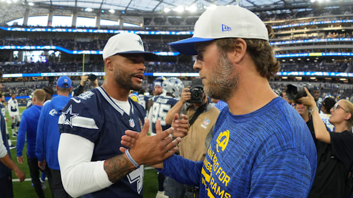 Dallas Cowboys quarterback Dak Prescott (4) shakes hands with Los Angeles Rams quarterback Matthew Stafford after the game at SoFi Stadium. Dallas Cowboys quarterback Dak Prescott (4) shakes hands with Los Angeles Rams quarterback Matthew Stafford after the game at SoFi Stadium.