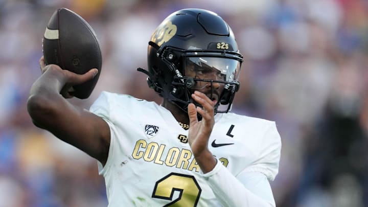Oct 28, 2023; Pasadena, California, USA; Colorado Buffaloes quarterback Shedeur Sanders (2) throws the ball against the UCLA Bruins in the first half at Rose Bowl. Mandatory Credit: Kirby Lee-Imagn Images
