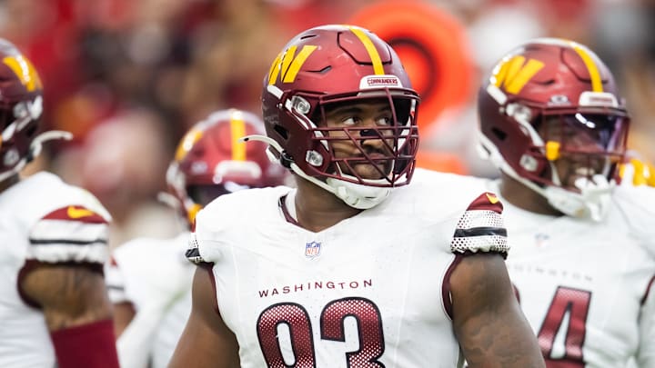 Sep 29, 2024; Glendale, Arizona, USA; Washington Commanders defensive tackle Jonathan Allen (93) against the Arizona Cardinals at State Farm Stadium. Mandatory Credit: Mark J. Rebilas-Imagn Images