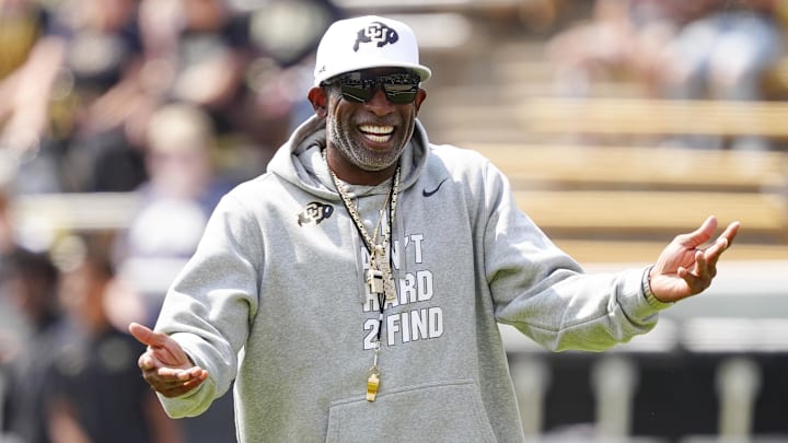 Sep 6, 2025; Boulder, Colorado, USA; Colorado Buffaloes head coach Deion Sanders before the game against the Delaware Fightin Blue Hens at Folsom Field. Mandatory Credit: Ron Chenoy-Imagn Images