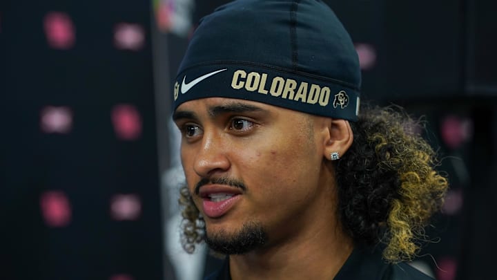Jul 9, 2025; Frisco, TX, USA; Colorado quarterback Julian Lewis speaks with the media during 2025 Big 12 Football Media Days at The Star. Mandatory Credit: Raymond Carlin III-Imagn Images