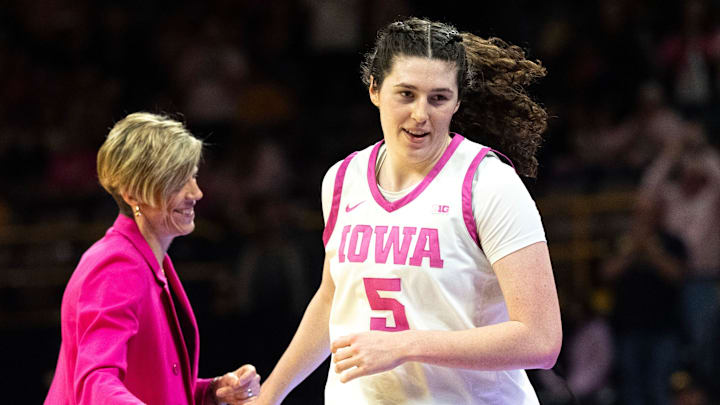 Iowa center Ava Heiden (5) checks out of the game against the Washington Huskies Feb. 11, 2026 at Carver-Hawkeye Arena in Iowa City, Iowa.