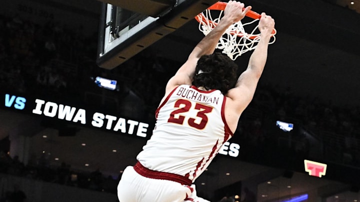 Mar 22, 2026; St. Louis, MO, USA; Iowa State Cyclones forward Blake Buchanan (23) dunks during the second half against the Kentucky Wildcats during a second round game of the men's 2026 NCAA Tournament at Enterprise Center.