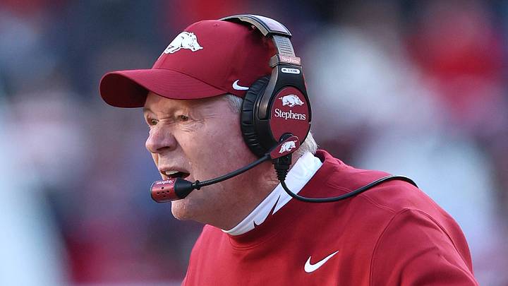 Nov 1, 2025; Fayetteville, Arkansas, USA; Arkansas Razorbacks interim head coach Bobby Petrino during the third quarter against the Mississippi State Bulldogs at Donald W. Reynolds Razorback Stadium. Bulldogs won 38-35. Mandatory Credit: Nelson Chenault-Imagn Images Nov 1, 2025; Fayetteville, Arkansas, USA; Arkansas Razorbacks interim head coach Bobby Petrino during the third quarter against the Mississippi State Bulldogs at Donald W. Reynolds Razorback Stadium. Bulldogs won 38-35. Mandatory Credit: Nelson Chenault-Imagn Images