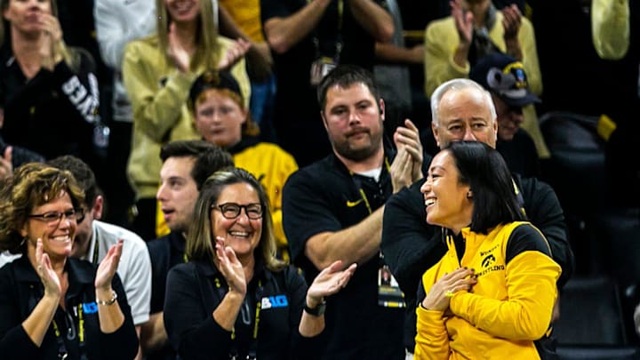 Iowa women's wrestling coach Clarissa Chun is acknowledged during a NCAA wrestling dual between Iowa and Princeton, Friday, Nov. 19, 2021, at Carver-Hawkeye Arena in Iowa City, Iowa.

211119 Princeton Iowa Wr 014 Jpg