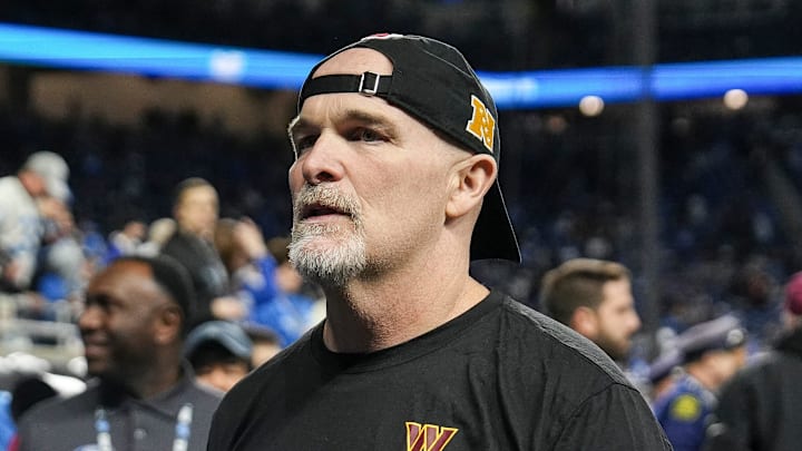 Washington Commanders head coach Dan Quinn walks up the tunnel during warm up before the NFC divisional round between Detroit Lions and Washington Commanders at Ford Field in Detroit on Saturday, Jan. 18, 2025.