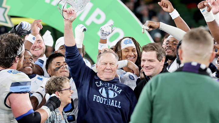 Aug 29, 2026; Dublin, Co. Dublin, IRL; North Carolina Tar Heels head coach Bill Belichick celebrates with the Coach's Award after the game at Aviva Stadium. Mandatory Credit: Laszlo Geczo-Imagn Images Aug 29, 2026; Dublin, Co. Dublin, IRL; North Carolina Tar Heels head coach Bill Belichick celebrates with the Coach's Award after the game at Aviva Stadium. Mandatory Credit: Laszlo Geczo-Imagn Images