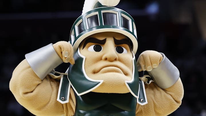 Mar 23, 2025; Cleveland, OH, USA; Michigan State Spartans mascot “Sparty” performs in the first half against the New Mexico Lobos during the NCAA Tournament Second Round at Rocket Arena. Mandatory Credit: Rick Osentoski-Imagn Images