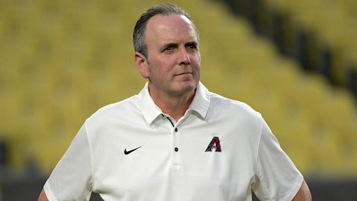Oct 6, 2023; Los Angeles, CA, USA; Derrick Hall, President, CEO and general partner of the Arizona Diamondbacks on the field during the NLDS workouts at Dodgers Stadium. Mandatory Credit: Jayne Kamin-Oncea-Imagn Images Oct 6, 2023; Los Angeles, CA, USA; Derrick Hall, President, CEO and general partner of the Arizona Diamondbacks on the field during the NLDS workouts at Dodgers Stadium. Mandatory Credit: Jayne Kamin-Oncea-Imagn Images