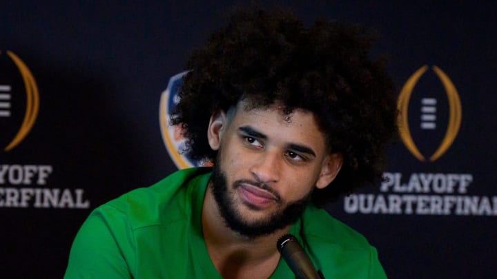 Oregon quarterback Dante Moore speaks during the Oregon Ducks media day ahead of Orange Bowl on Dec. 30, 2025, at Hard Rock Stadium in Miami, Florida.