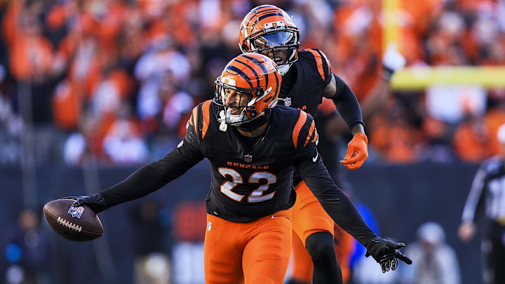 Dec 22, 2024; Cincinnati, Ohio, USA; Cincinnati Bengals safety Geno Stone (22) reacts after intercepting a pass against the Cleveland Browns in the second half at Paycor Stadium. Mandatory Credit: Katie Stratman-Imagn Images
