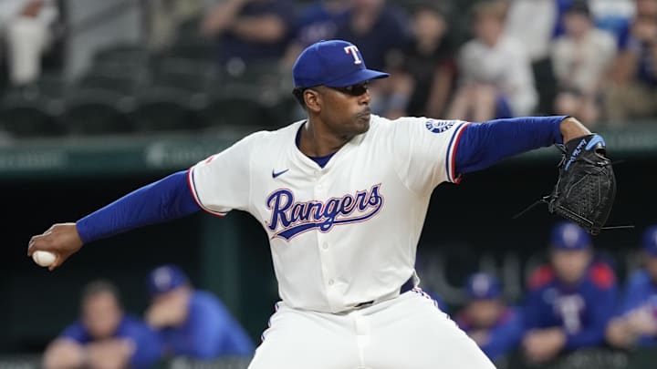 Apr 17, 2025; Arlington, Texas, USA; Texas Rangers starting pitcher Kumar Rocker (80) delivers a pitch to the Los Angeles Angels during the first inning at Globe Life Field.