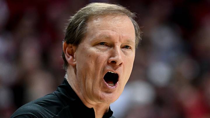 Feb 9, 2026; Bloomington, Indiana, USA; Oregon Ducks head coach Dana Altman reacts to a play against the Indiana Hoosiers during the first half at Simon Skjodt Assembly Hall. Mandatory Credit: Robert Goddin-Imagn Images