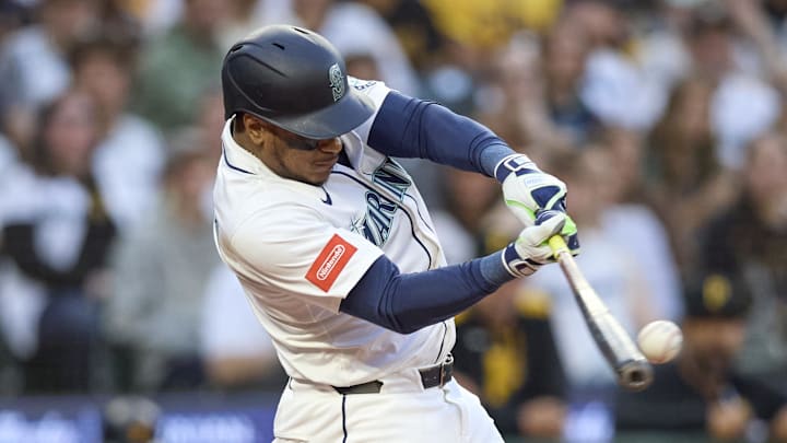 Seattle Mariners designated hitter Jorge Polanco (7) hits a double against the Pittsburgh Pirates during the sixth inning at T-Mobile Park on July 5. Seattle Mariners designated hitter Jorge Polanco (7) hits a double against the Pittsburgh Pirates during the sixth inning at T-Mobile Park on July 5.