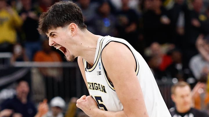 Mar 29, 2026; Chicago, IL, USA; Michigan Wolverines center Aday Mara (15) reacts in the first half against the Tennessee Volunteers during an Elite Eight game of the Midwest Regional of the men's 2026 NCAA Tournament at United Center. Mandatory Credit: Kamil Krzaczynski-Imagn Images Mar 29, 2026; Chicago, IL, USA; Michigan Wolverines center Aday Mara (15) reacts in the first half against the Tennessee Volunteers during an Elite Eight game of the Midwest Regional of the men's 2026 NCAA Tournament at United Center. Mandatory Credit: Kamil Krzaczynski-Imagn Images