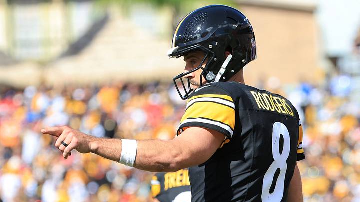 Oct 18, 2026; Tampa, Florida, USA;  Pittsburgh Steelers quarterback Aaron Rodgers (8) gestures during the fourth quarter against the Tampa Bay Buccaneers at Raymond James Stadium.  Mandatory Credit: Kim Klement Neitzel-Imagn Images