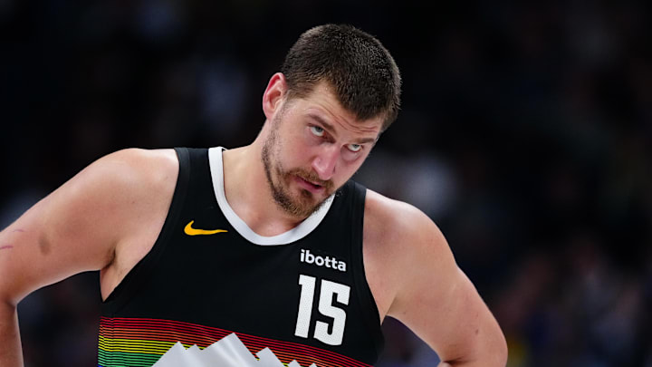 Mar 6, 2026; Denver, Colorado, USA; Denver Nuggets center Nikola Jokic (15) during the second quarter against the New York Knicks at Ball Arena. Mandatory Credit: Ron Chenoy-Imagn Images