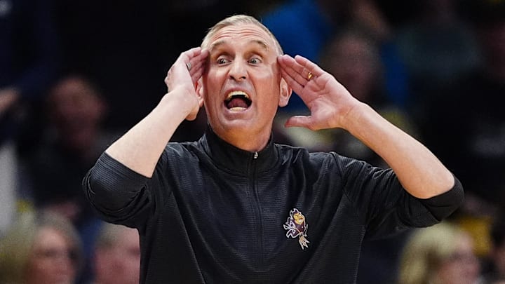 Feb 7, 2026; Boulder, Colorado, USA; Arizona State Sun Devils head coach Bobby Hurley calls out in the second half against the Colorado Buffaloes at the CU Events Center. Mandatory Credit: Ron Chenoy-Imagn Images