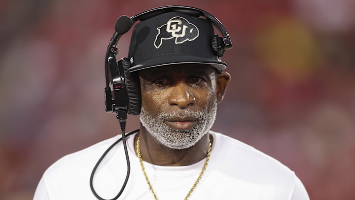 Sep 12, 2025; Houston, Texas, USA; Colorado Buffaloes head coach Deion Sanders looks on from the sideline during the first half against the Houston Cougars at TDECU Stadium. Mandatory Credit: Troy Taormina-Imagn Images